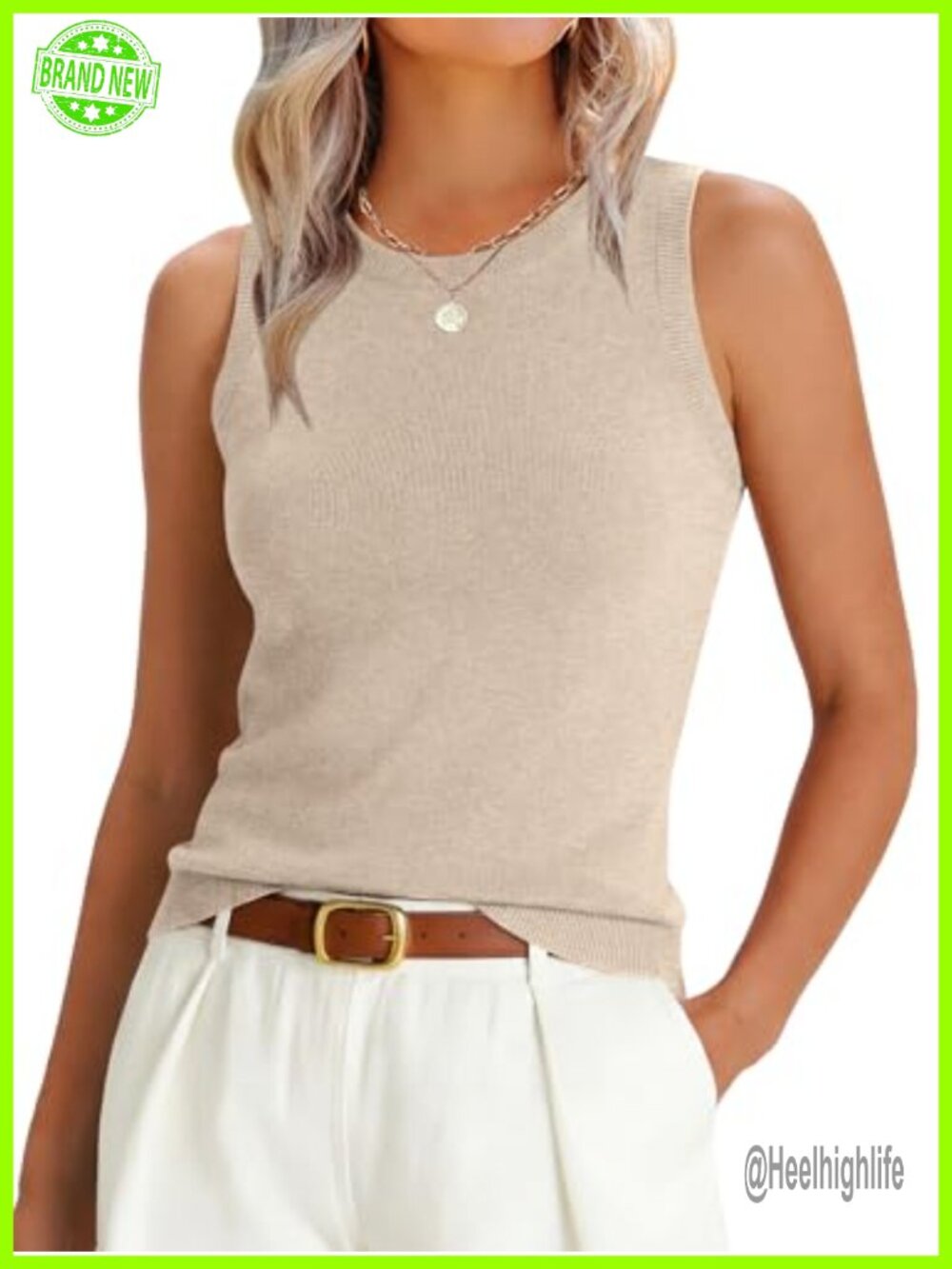 Wool Blend Sleeveless Sweater Tank Top Slim Fit Crew Neck Layering Women's